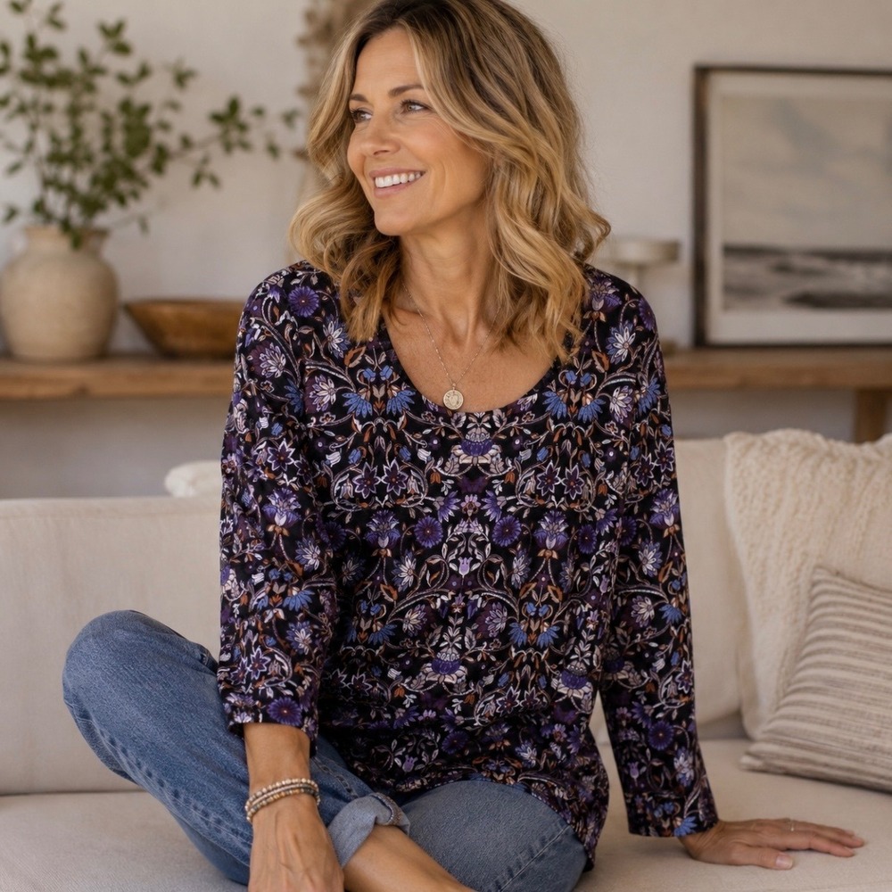 J. Jill Purple Floral Tunic Top L Petite Square Neck Long Sleeve Boho Normcore